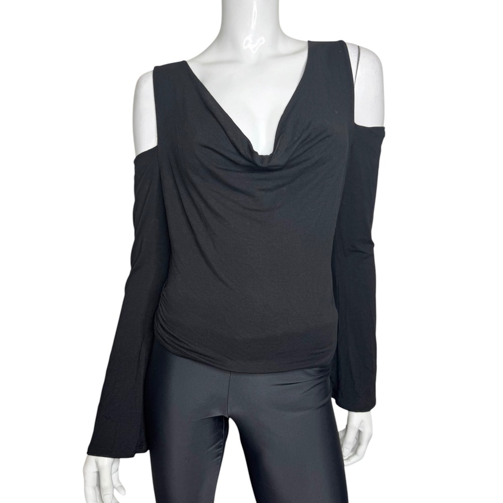 Attirance Black Cold Shoulder Cowl Neck Ruched Long Sleeve Top Small